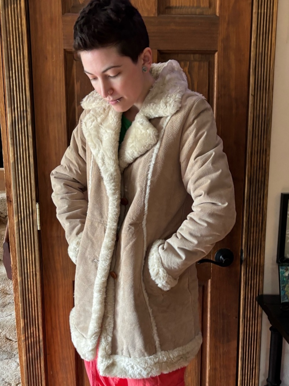 Marcia Vintage Beige Leather Suede Faux-Shearling Coat